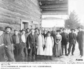 Crew at Slough Creek Gravel Gold Company with 15 men, including two Chinese men, and two woman. N...