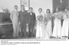 Avaline Hoy and Henry Sing on their wedding day, with bridesmaids Laura Sing, Beatrice Keen and A...
