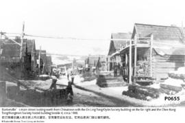 Barkerville's main street looking north from Chinatown with the On Ling Tong/Oylin Society buildi...