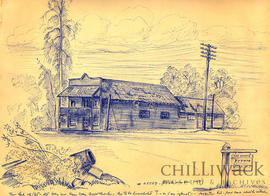 Pen and ink front view of the old building near Fraser Valley Frosted Foods