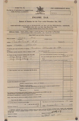 Income Tax Return for “Wong Poy” Canadian Collieries Driver
