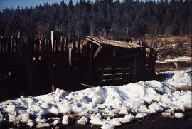 View of Abandoned Chinatown in Cumberland B.C. Showing a Fence and Shed with a House in the Backg...