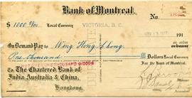 Bank of Montreal Cheque from 1917 Victoria B.C.
